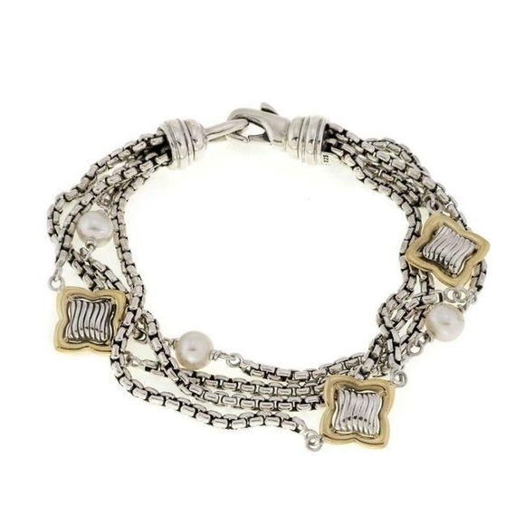 David Yurman Quatrefoil Pearls 925 Silver 18k Gold 4 Strand Chain Bracelet - Picture 7 of 7